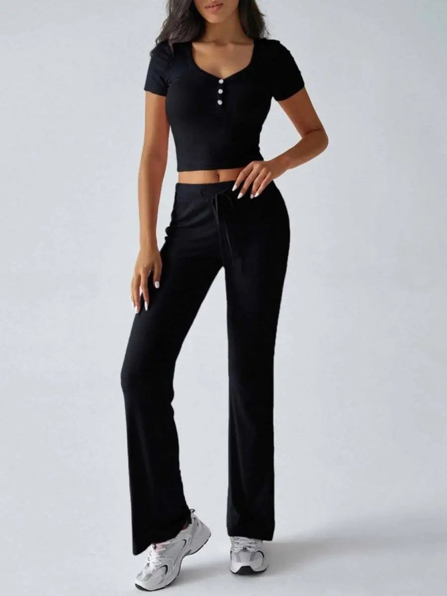 Chic Two-Piece Short Sleeve Top and Drawstring Pants Set - Love Salve